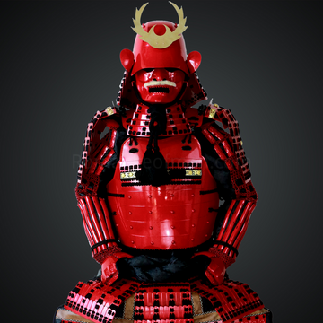 Takigawa Kazumasu Red and Black Samurai Armor Tosei Gusoku Style Menpo with Beard Red Scales With Black Cords